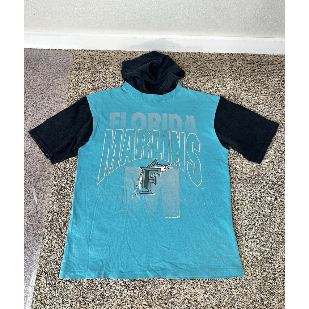 Vintage Florida Marlins Hoodie T-Shirt Adult Medium Black Teal Gray MLB 1993